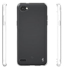 Cargar imagen en el visor de la galería, Vista trasera y lateral de la funda de silicona transparente para LG Q6 Alpha mostrando los recortes y detalles de los bordes
