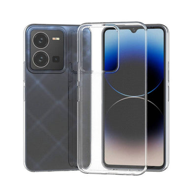 Funda acrigel transparente para Vivo Y35 mostrando la parte frontal y trasera del dispositivo con protección total