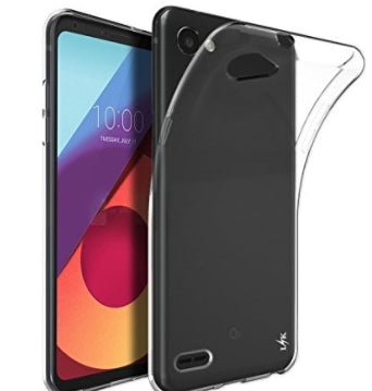 Funda de silicona transparente para LG Q6 Alpha mostrando la parte frontal y trasera del teléfono.